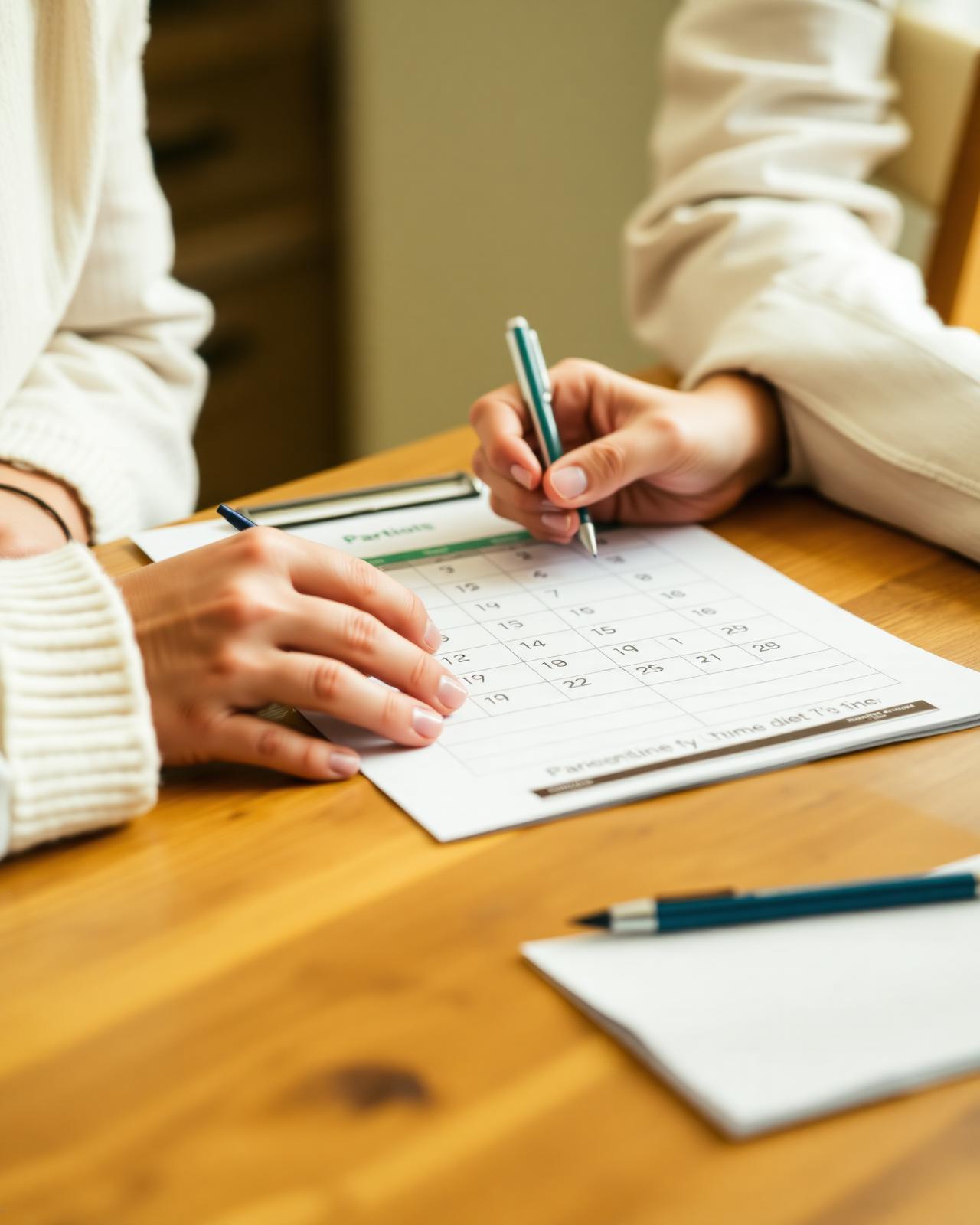 Two parents reviewing a parenting time calendar at a wooden table