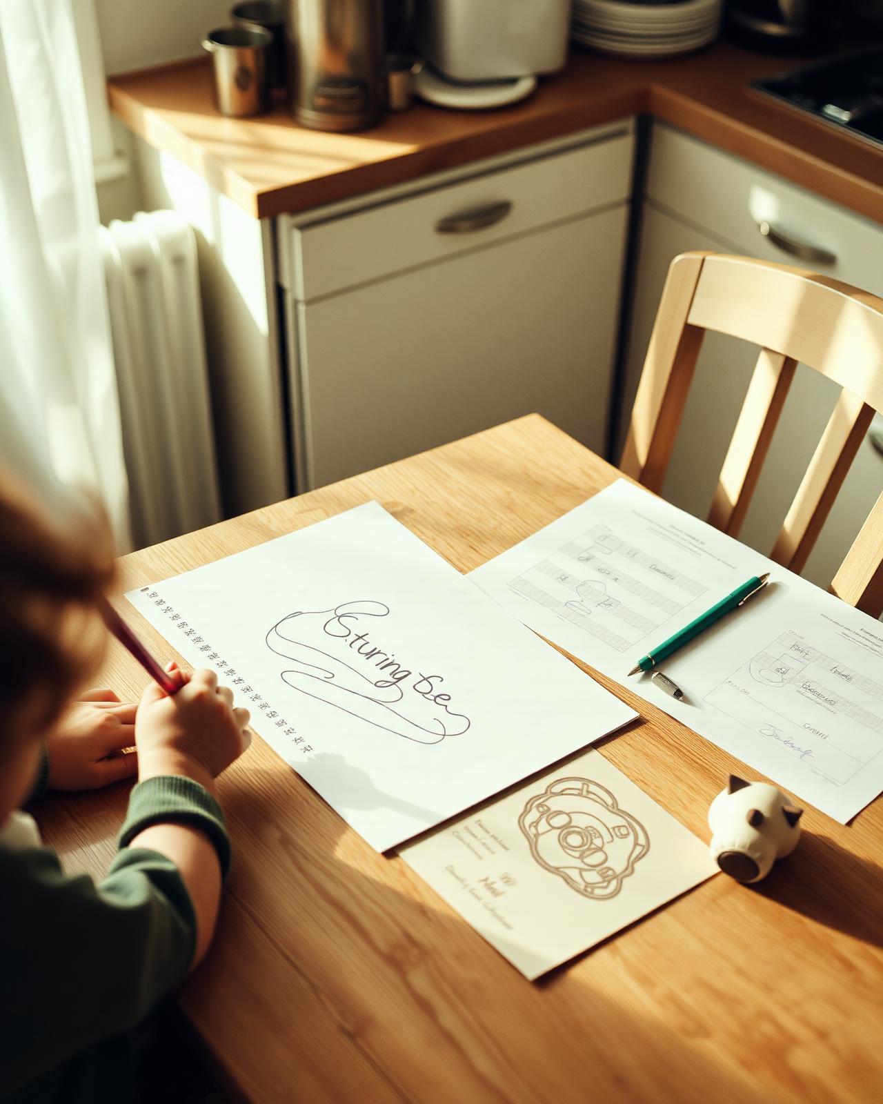 A parenting time calendar and child's drawing on a sunlit kitchen table
