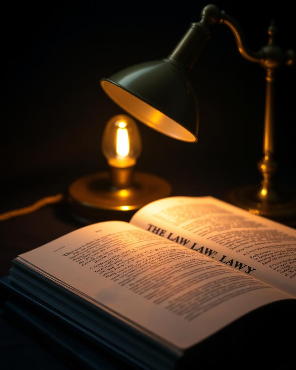 Open law book under warm desk light