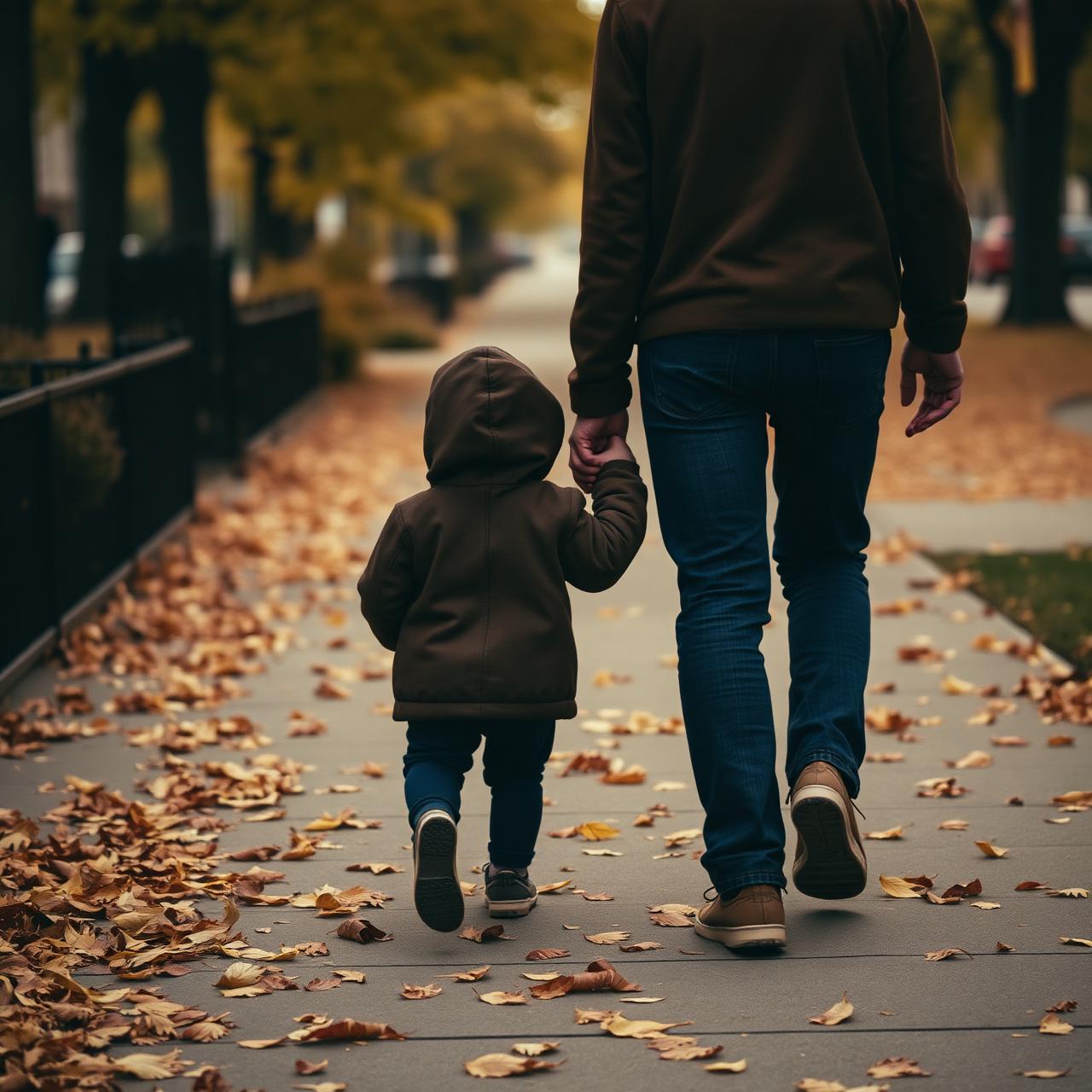 A parent and child walking together on a Columbus sidewalk
