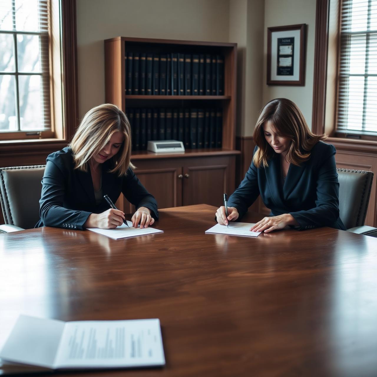 Two spouses signing a separation agreement at a wooden table in a Columbus attorney's office
