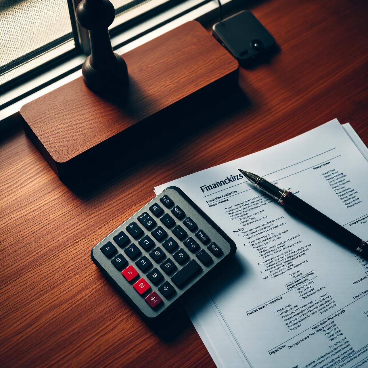 Financial documents, a calculator, and a pen on an attorney's desk