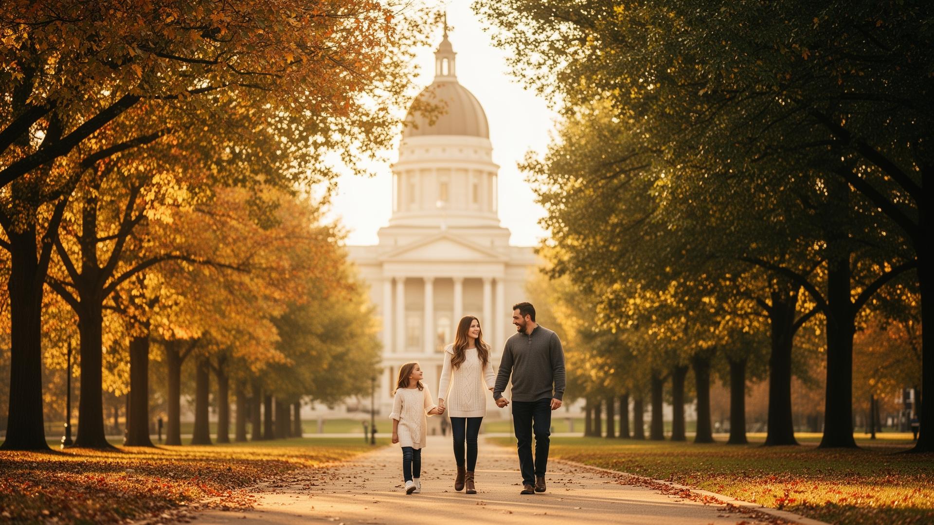 A family walking together near the Ohio Statehouse in Columbus on a warm autumn afternoon