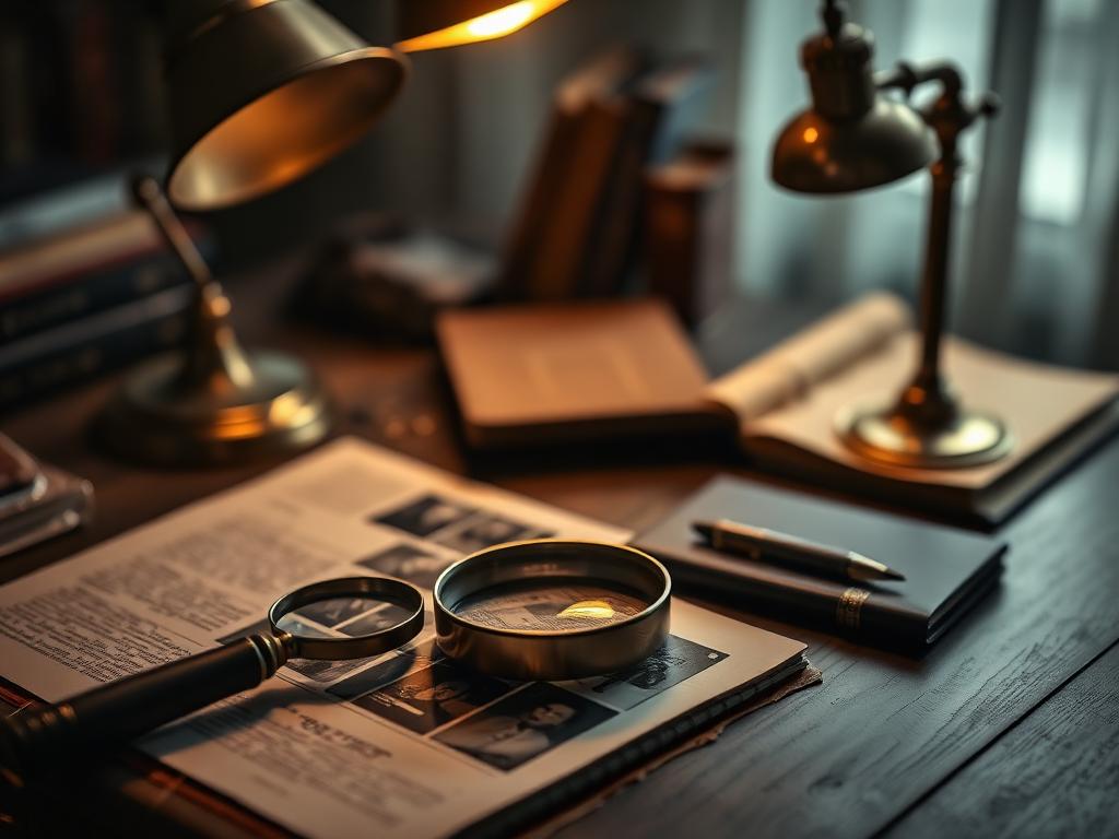 Attorney's desk with case files and a brass lamp