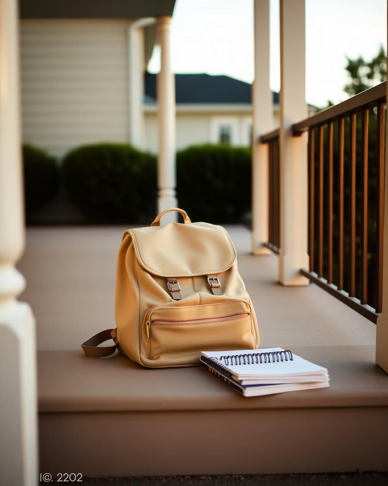 A teenager's backpack and notebook on a porch step at golden hour